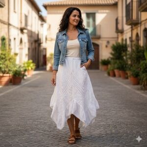 White Cotton Asymmetrical Prairie Skirt Embroidered Ruffle Medium Cottagecore